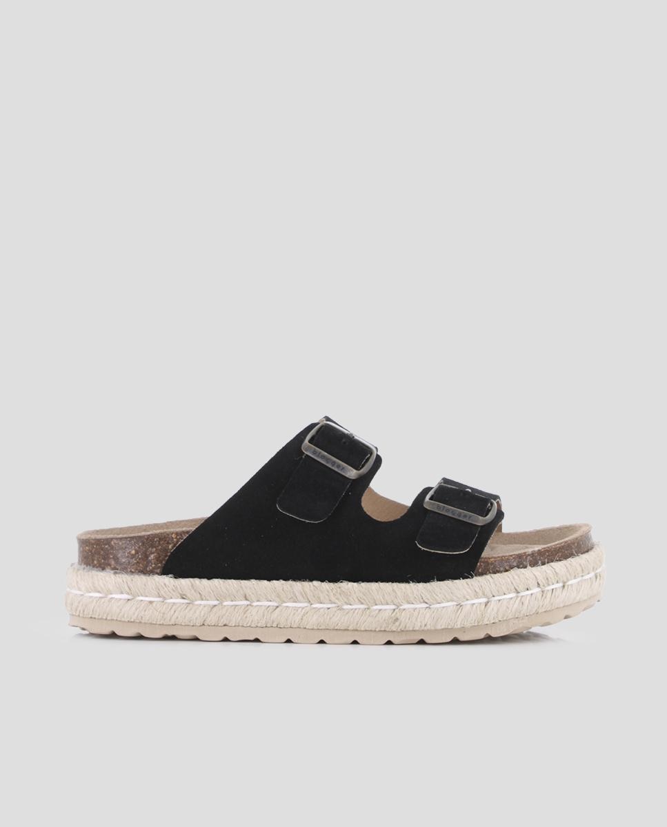 Sandálias de Plataforma em Pele com Fivelas Preto-1