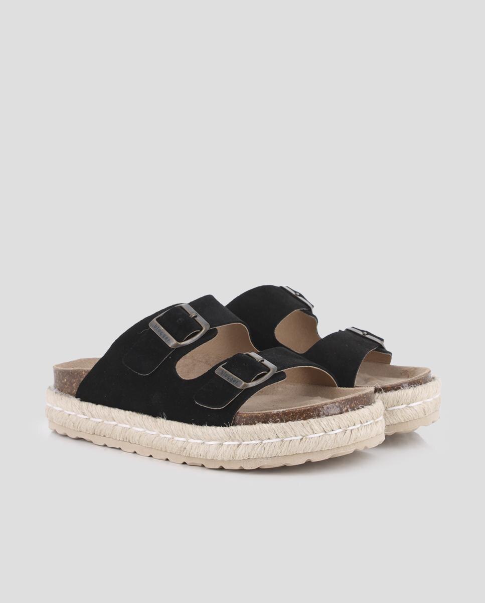 Sandálias de Plataforma em Pele com Fivelas Preto-2