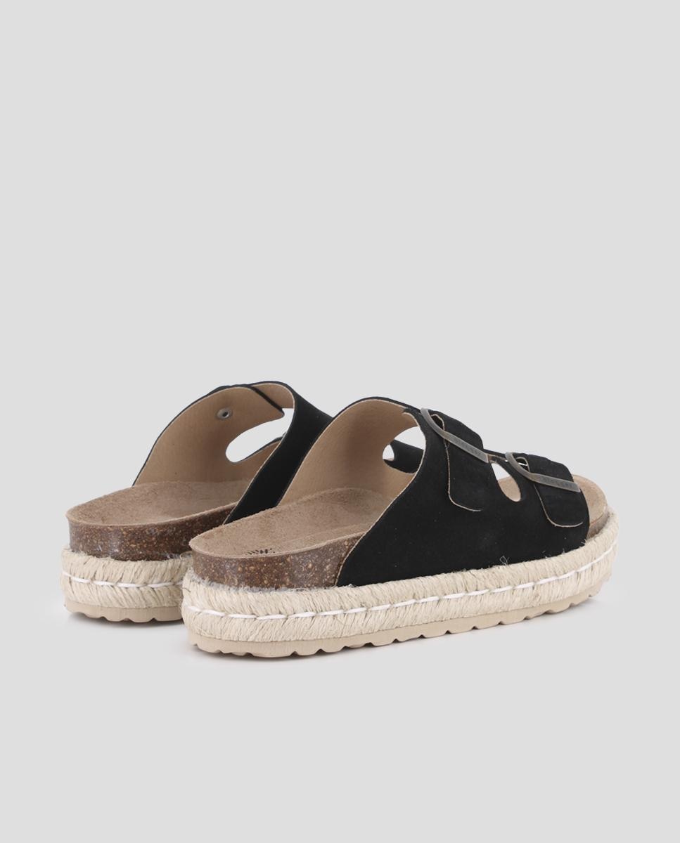 Sandálias de Plataforma em Pele com Fivelas Preto-3