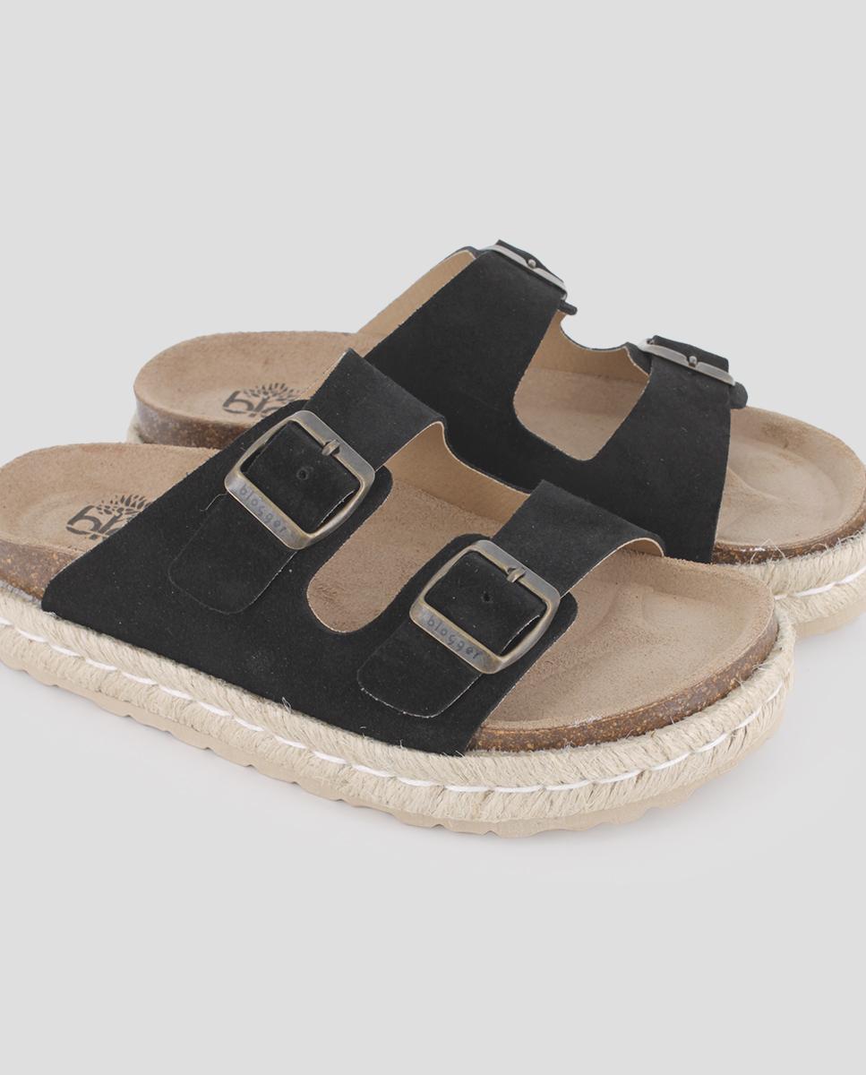 Sandálias de Plataforma em Pele com Fivelas Preto-4