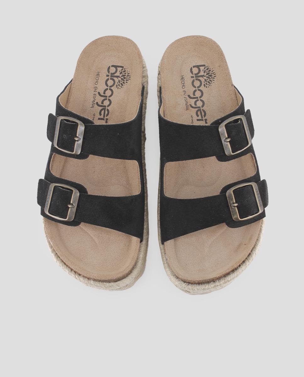 Sandálias de Plataforma em Pele com Fivelas Preto-5