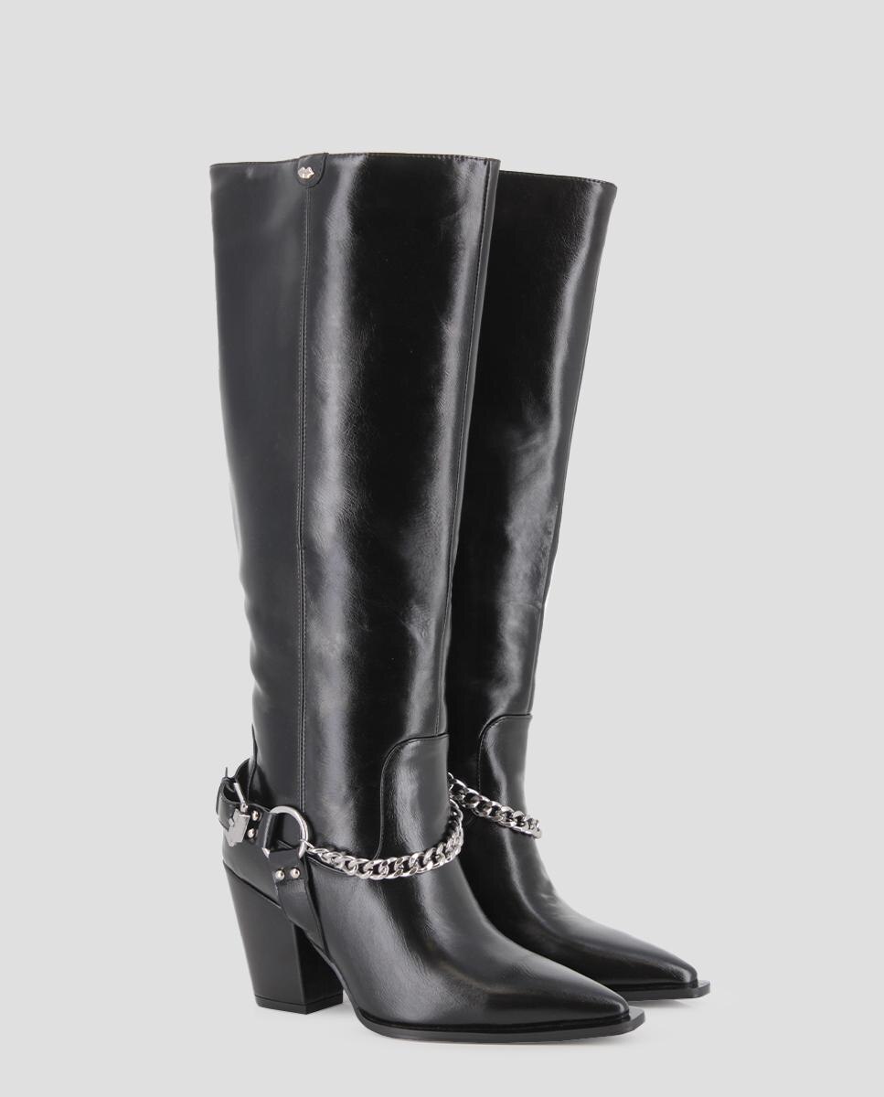 Botas Básicas de Cano Alto com Detalhe de Corrente Metálica Preto-2