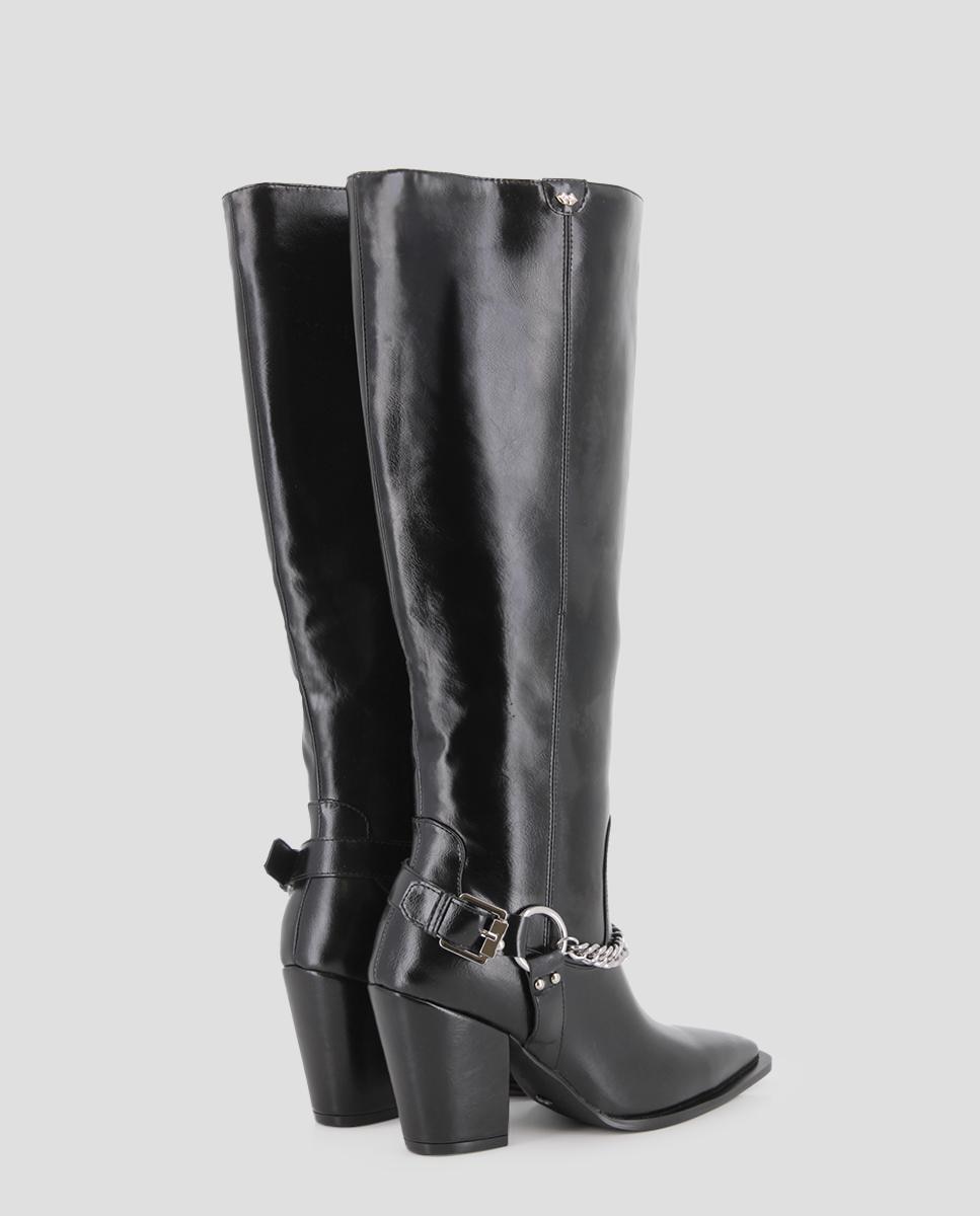 Botas Básicas de Cano Alto com Detalhe de Corrente Metálica Preto-3