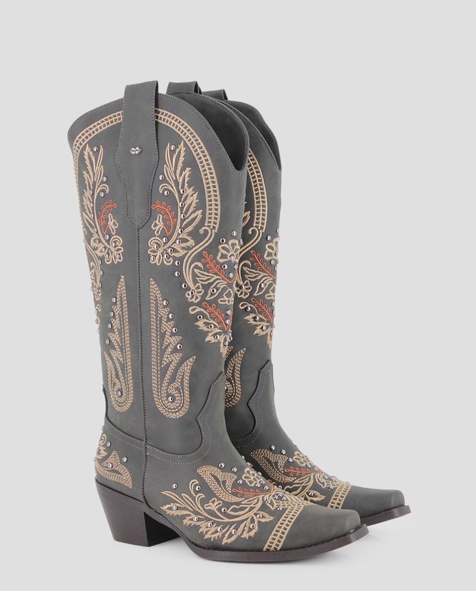 Botas Cowboy de Cano Alto com Estampado Bordado Preto-2