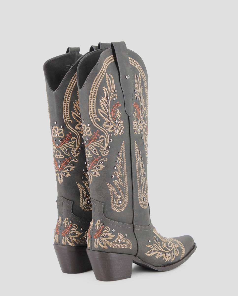 Botas Cowboy de Cano Alto com Estampado Bordado Preto-3