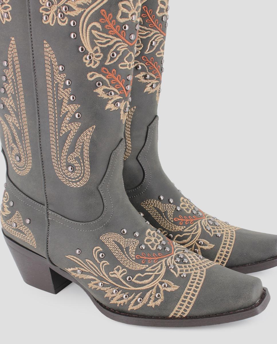Botas Cowboy de Cano Alto com Estampado Bordado Preto-4