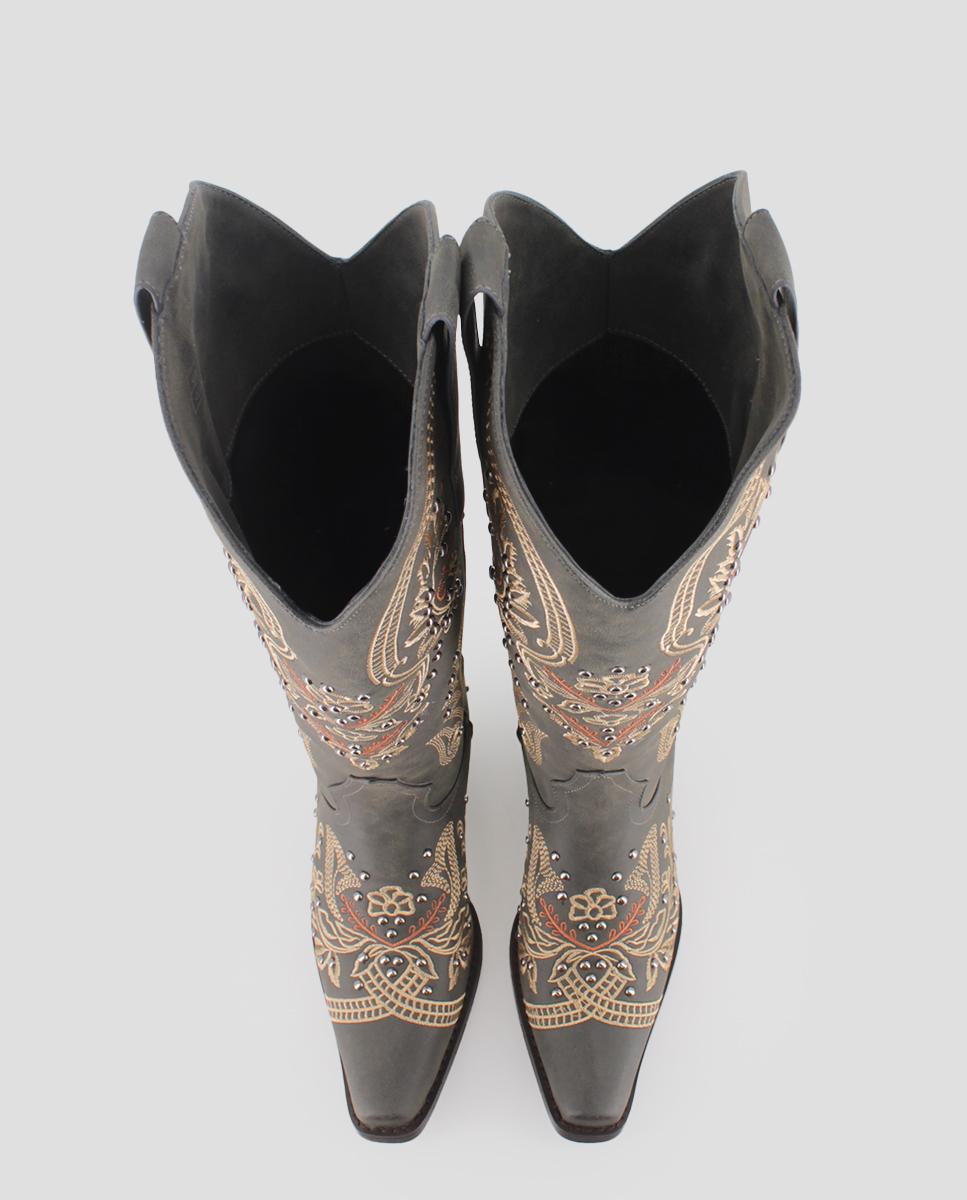Botas Cowboy de Cano Alto com Estampado Bordado Preto-5