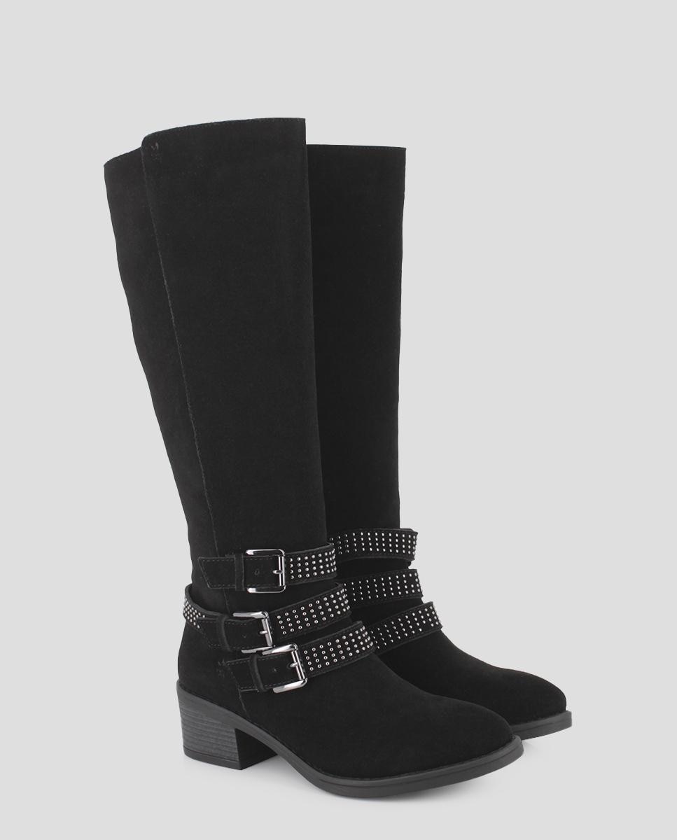 Botas de Cano Alto de Salto Largo em Pele com Pedraria Preto-2