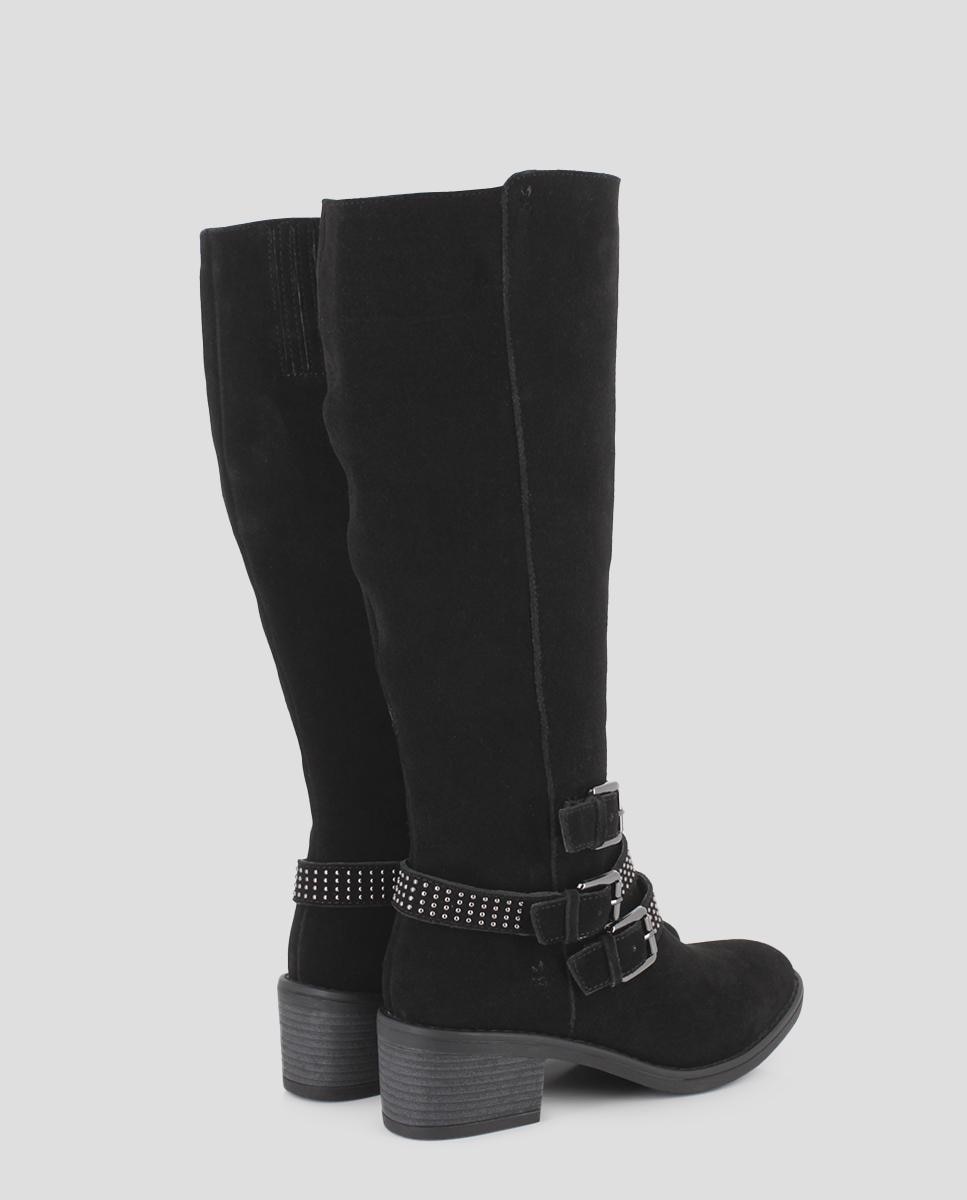Botas de Cano Alto de Salto Largo em Pele com Pedraria Preto-3