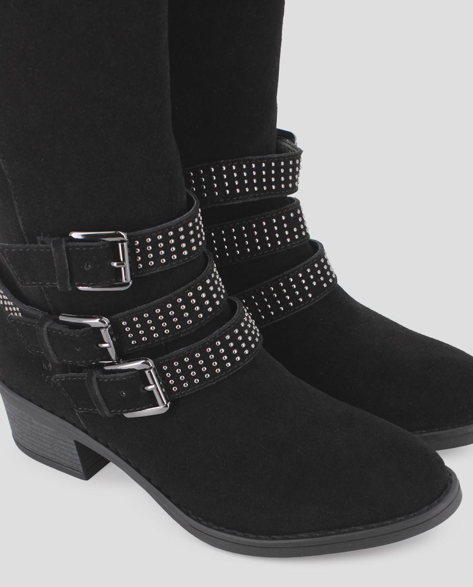 Botas de Cano Alto de Salto Largo em Pele com Pedraria Preto-4
