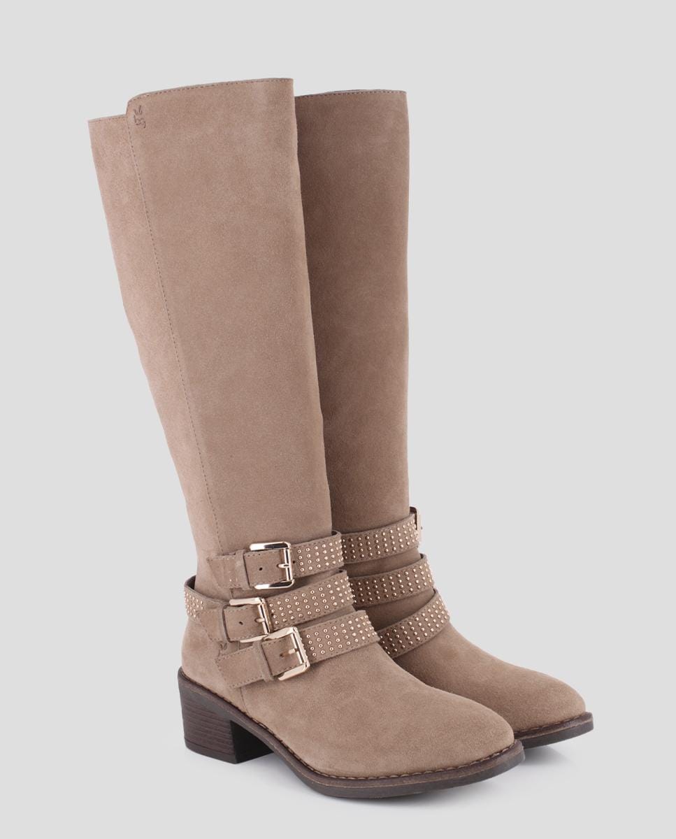 Botas de Cano Alto de Salto Largo em Pele com Pedraria Bege-2