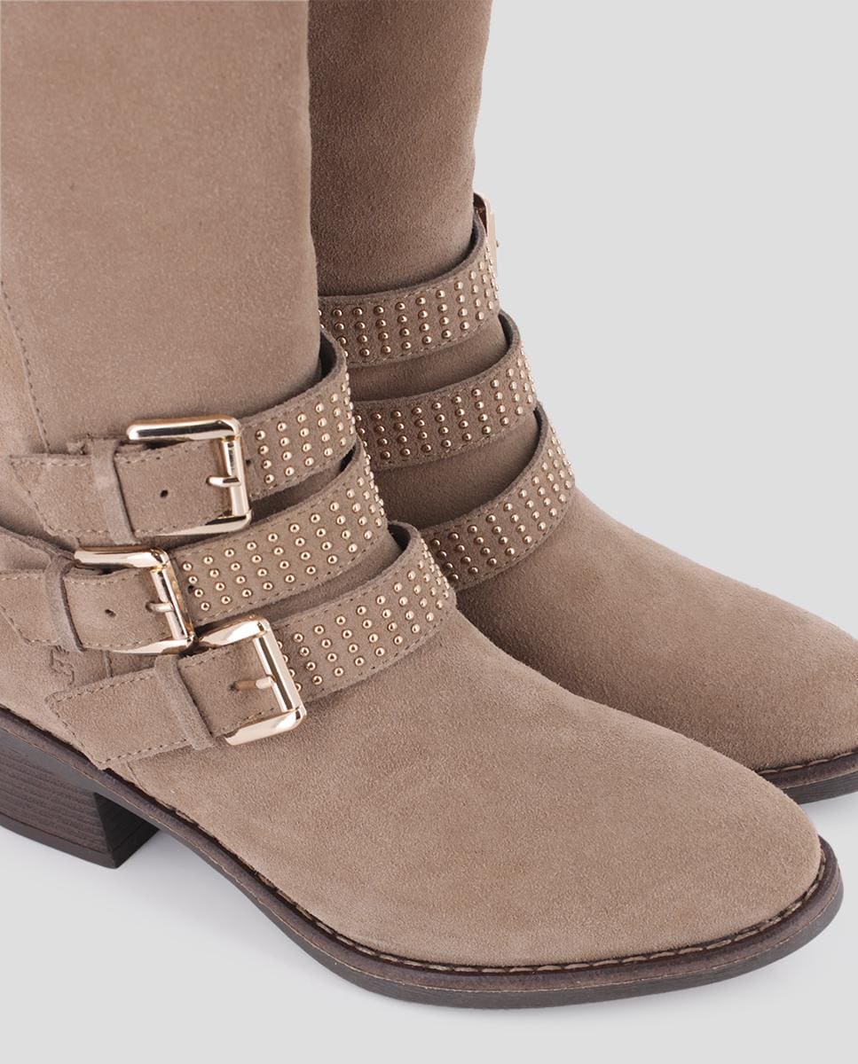 Botas de Cano Alto de Salto Largo em Pele com Pedraria Bege-4
