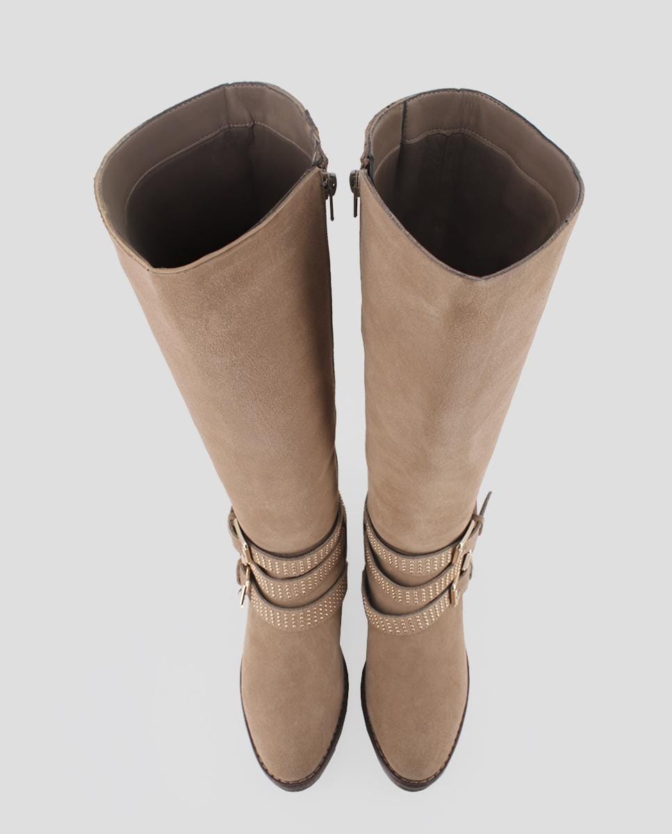 Botas de Cano Alto de Salto Largo em Pele com Pedraria Bege-5