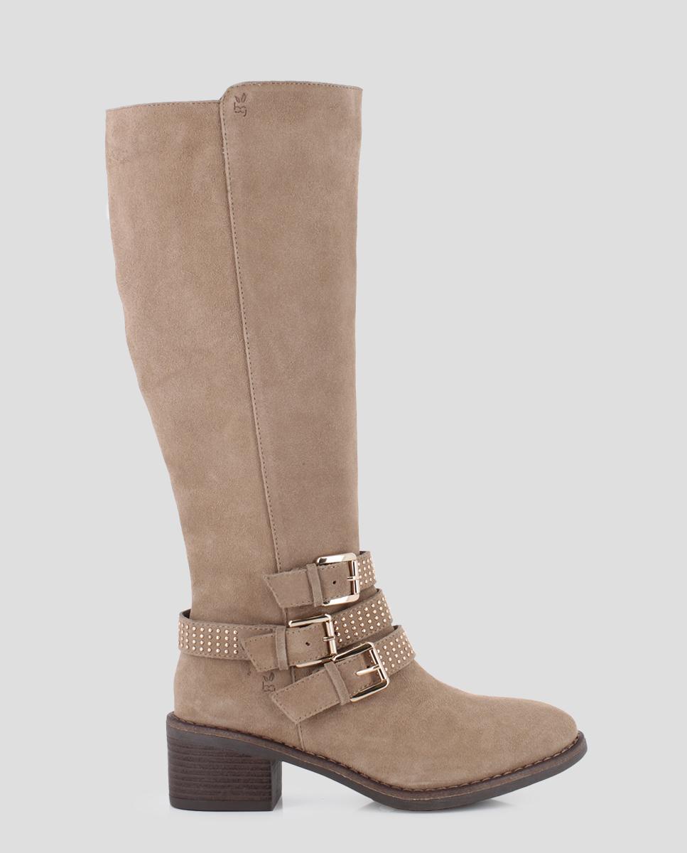 Botas de Cano Alto de Salto Largo em Pele com Pedraria Bege-1