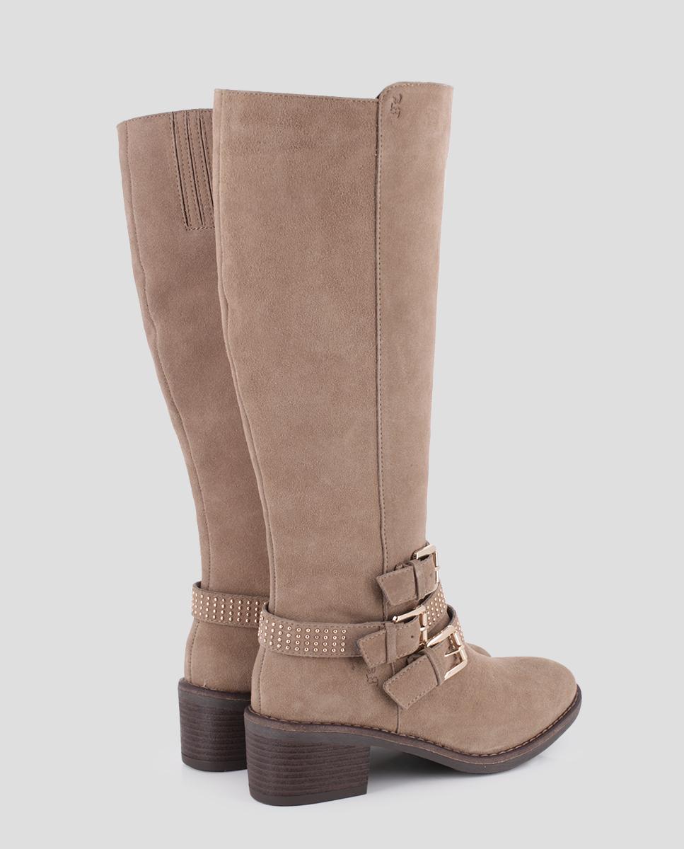 Botas de Cano Alto de Salto Largo em Pele com Pedraria Bege-3