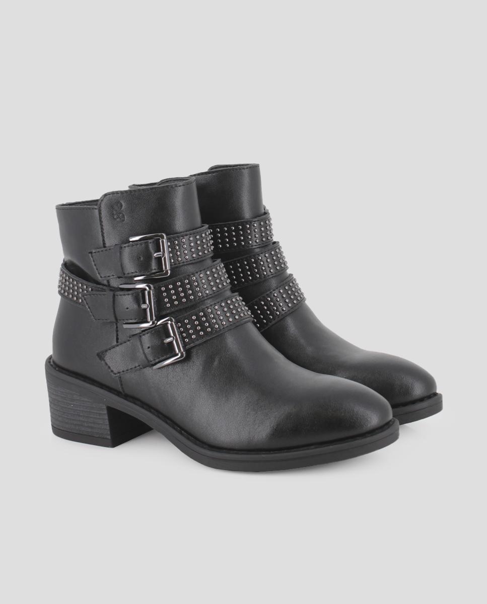 Botins com Salto Largo em Pele com Decorações e Fivelas Preto-2