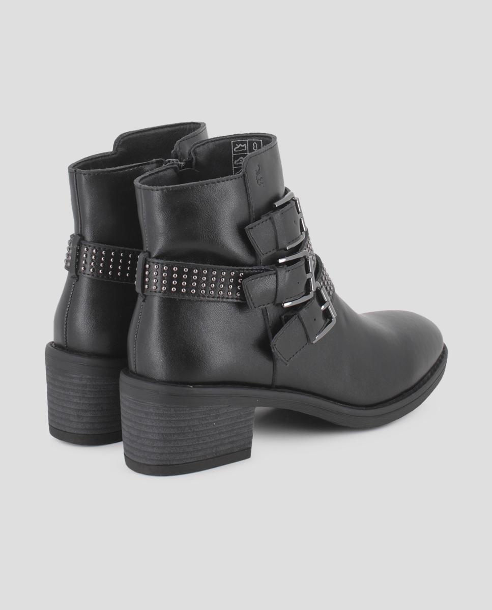 Botins com Salto Largo em Pele com Decorações e Fivelas Preto-3
