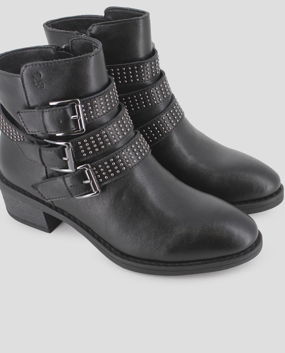 Botins com Salto Largo em Pele com Decorações e Fivelas Preto-4