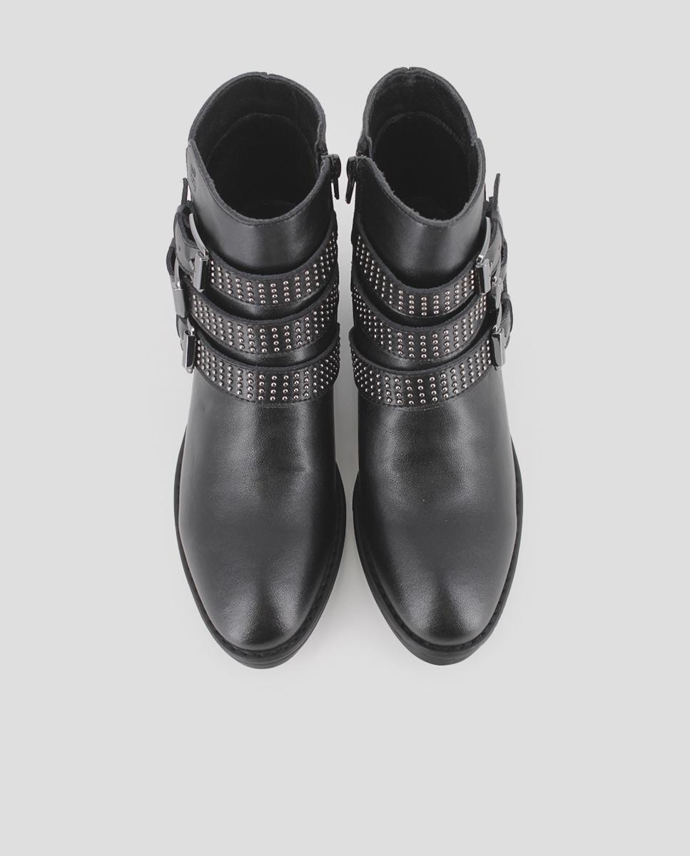 Botins com Salto Largo em Pele com Decorações e Fivelas Preto-5
