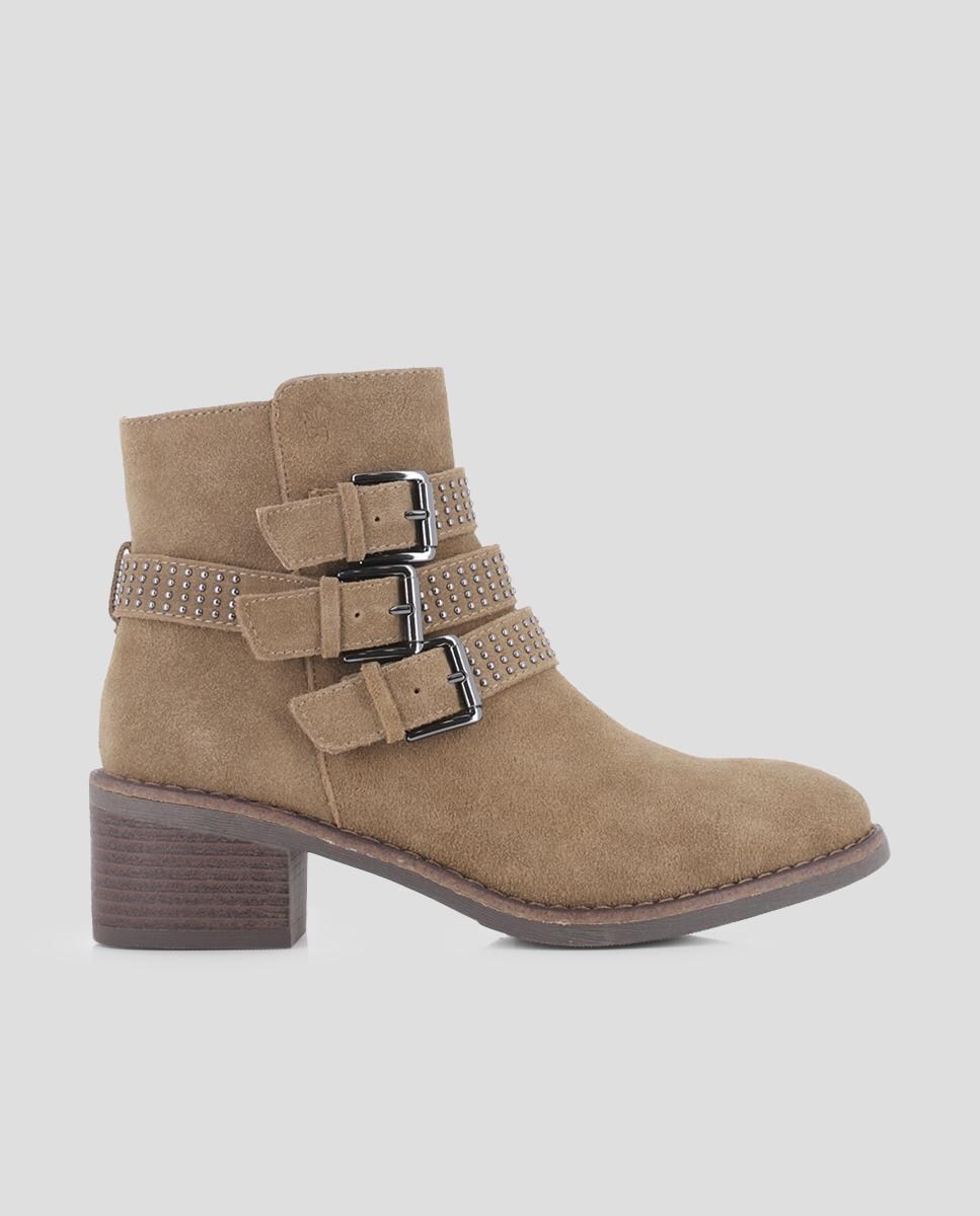 Botins com Salto Largo em Pele com Decorações e Fivelas Bege-1