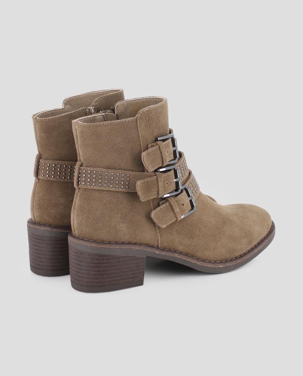 Botins com Salto Largo em Pele com Decorações e Fivelas Bege-3