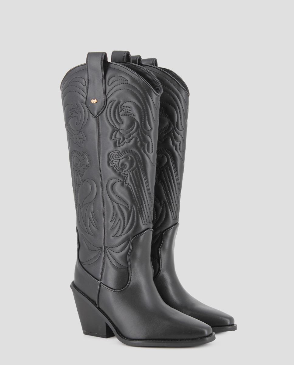 Botas Cowboy de Cano Alto com Bordados e Tacão Alto Preto-2