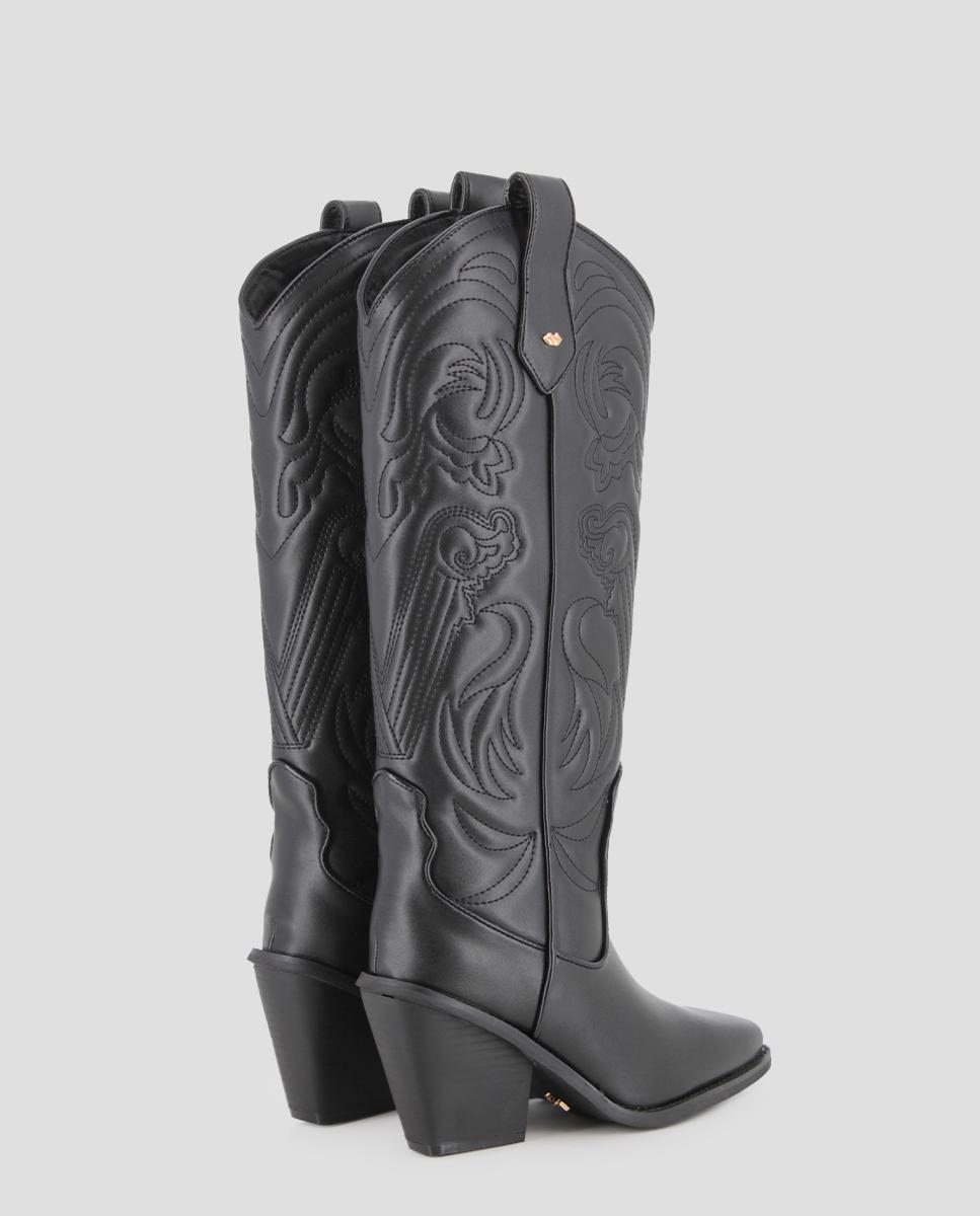 Botas Cowboy de Cano Alto com Bordados e Tacão Alto Preto-3