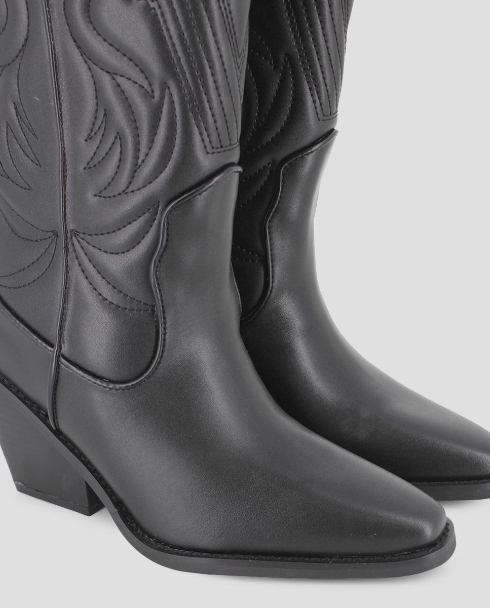 Botas Cowboy de Cano Alto com Bordados e Tacão Alto Preto-4