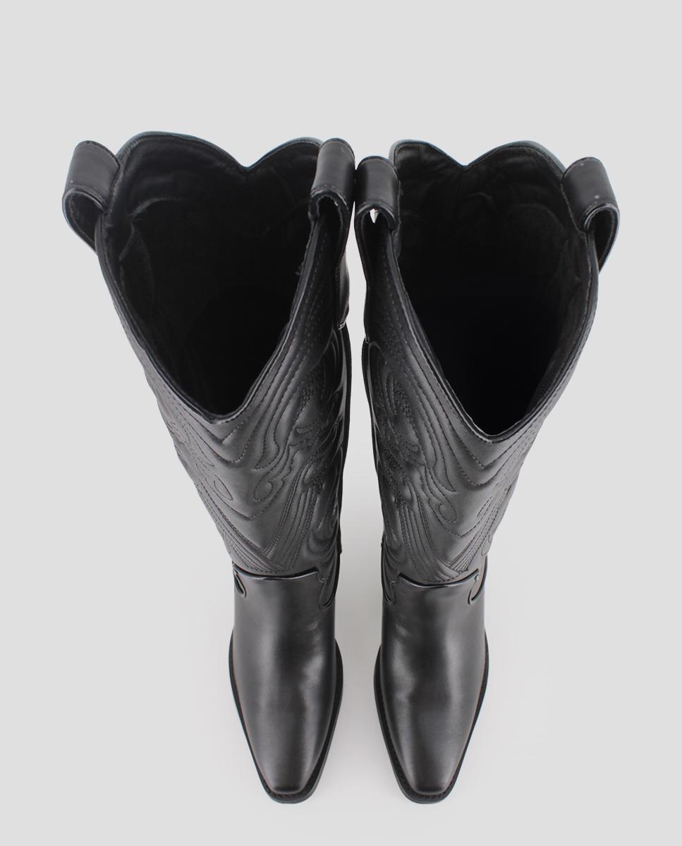 Botas Cowboy de Cano Alto com Bordados e Tacão Alto Preto-5