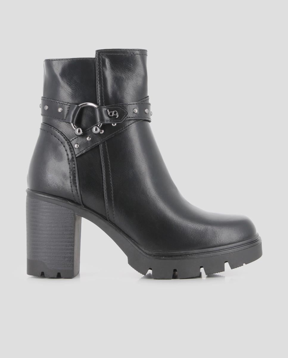 Botins com Sola Track de Salto Alto e Largo e com Detalhe de Peça Metálica Preto-1