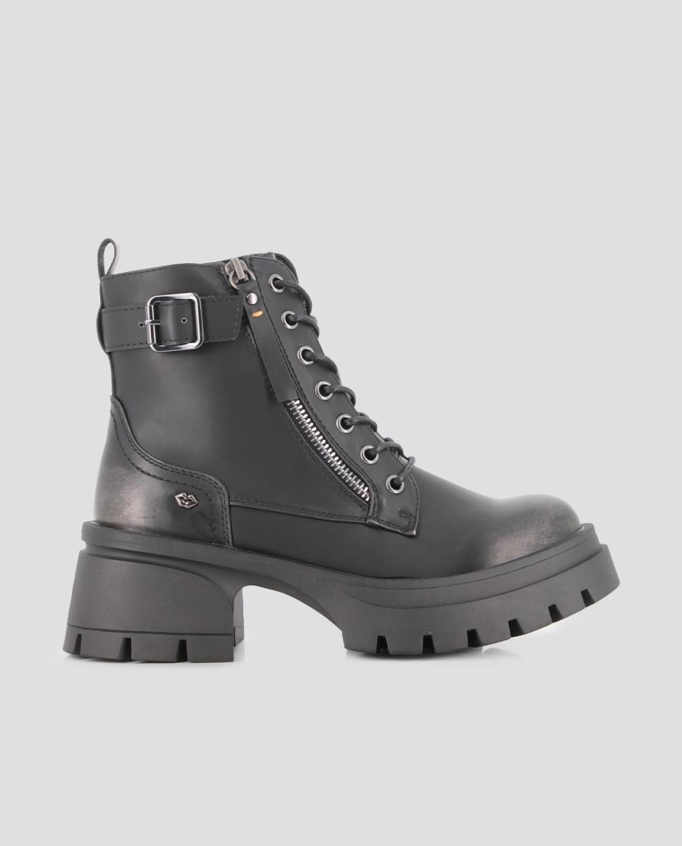 Botins Sola Track Estilo Combate com Fivela Decorativa e Fecho Zip na Lateral Preto-1
