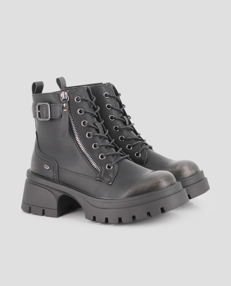 Botins Sola Track Estilo Combate com Fivela Decorativa e Fecho Zip na Lateral Preto-2