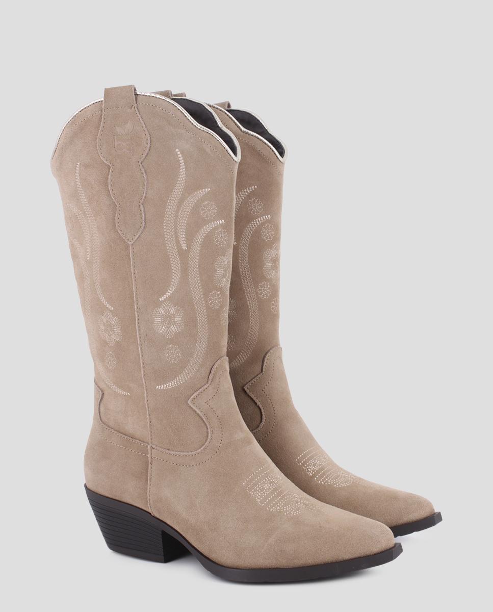 Botas Cowboy de Cano Alto com Bordado de Flores Bege-2