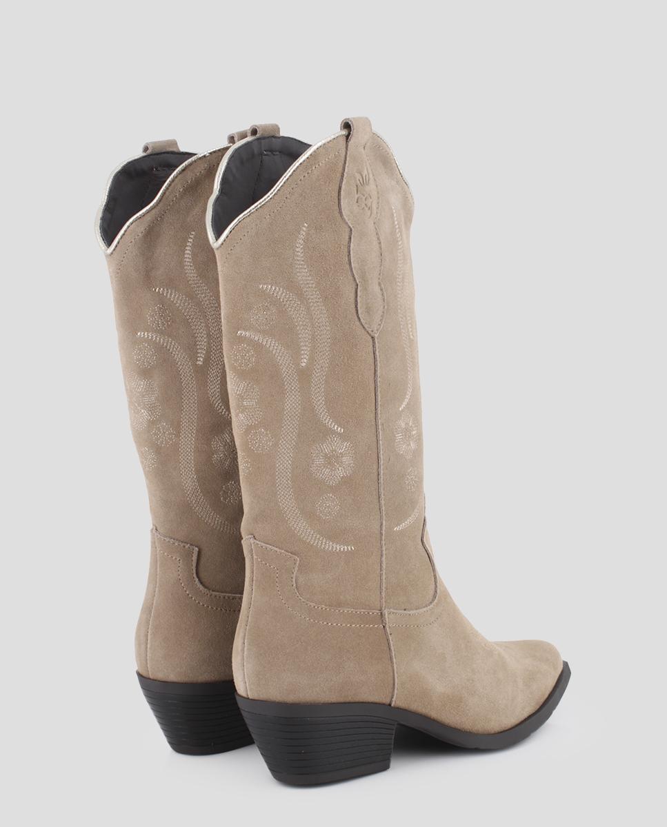 Botas Cowboy de Cano Alto com Bordado de Flores Bege-3