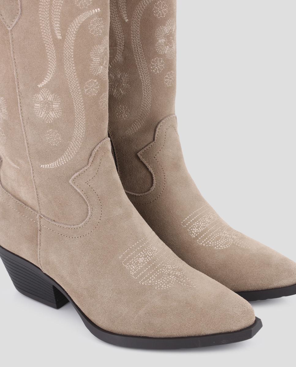 Botas Cowboy de Cano Alto com Bordado de Flores Bege-4
