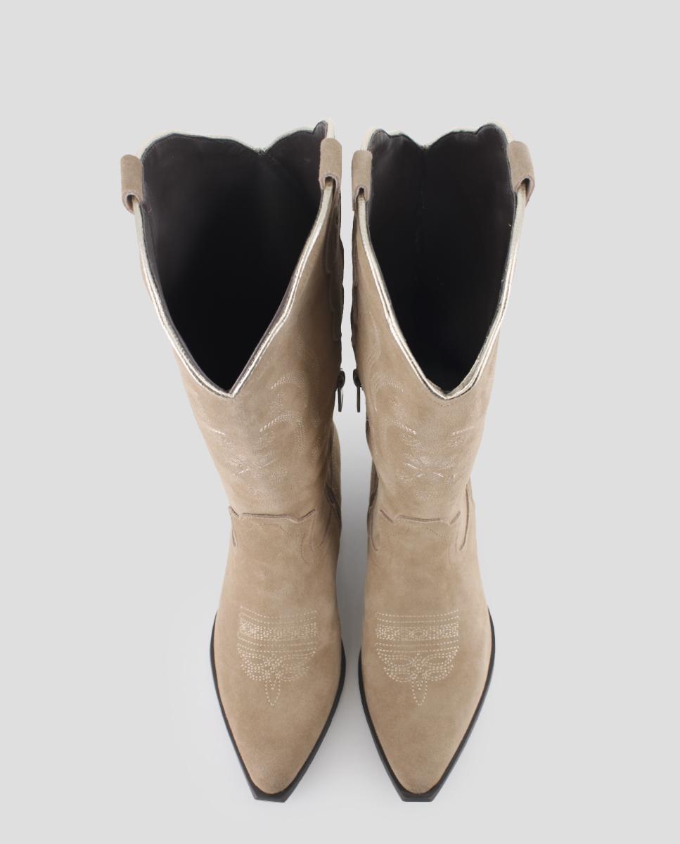 Botas Cowboy de Cano Alto com Bordado de Flores Bege-5