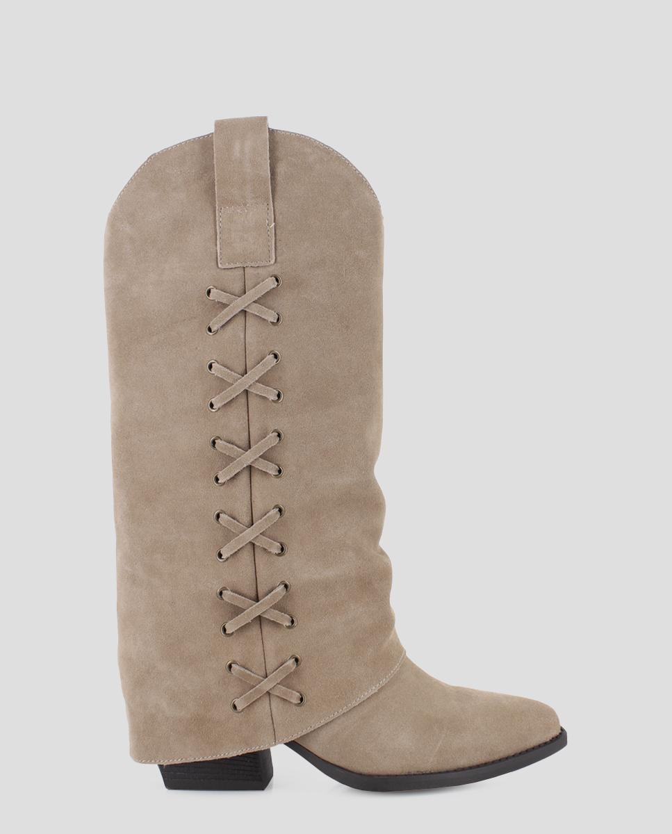 Botas Básicas de Cano Alto em Pele Camurça com Capa e Tacão Largo Camel-1