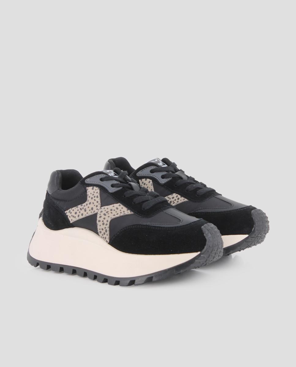 Sapatilhas Plataforma em Pele e Têxtil com Detalhe Estampado Preto-2