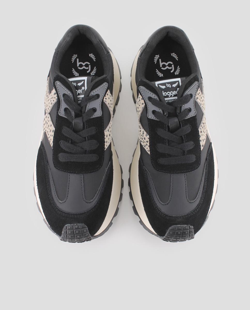 Sapatilhas Plataforma em Pele e Têxtil com Detalhe Estampado Preto-5