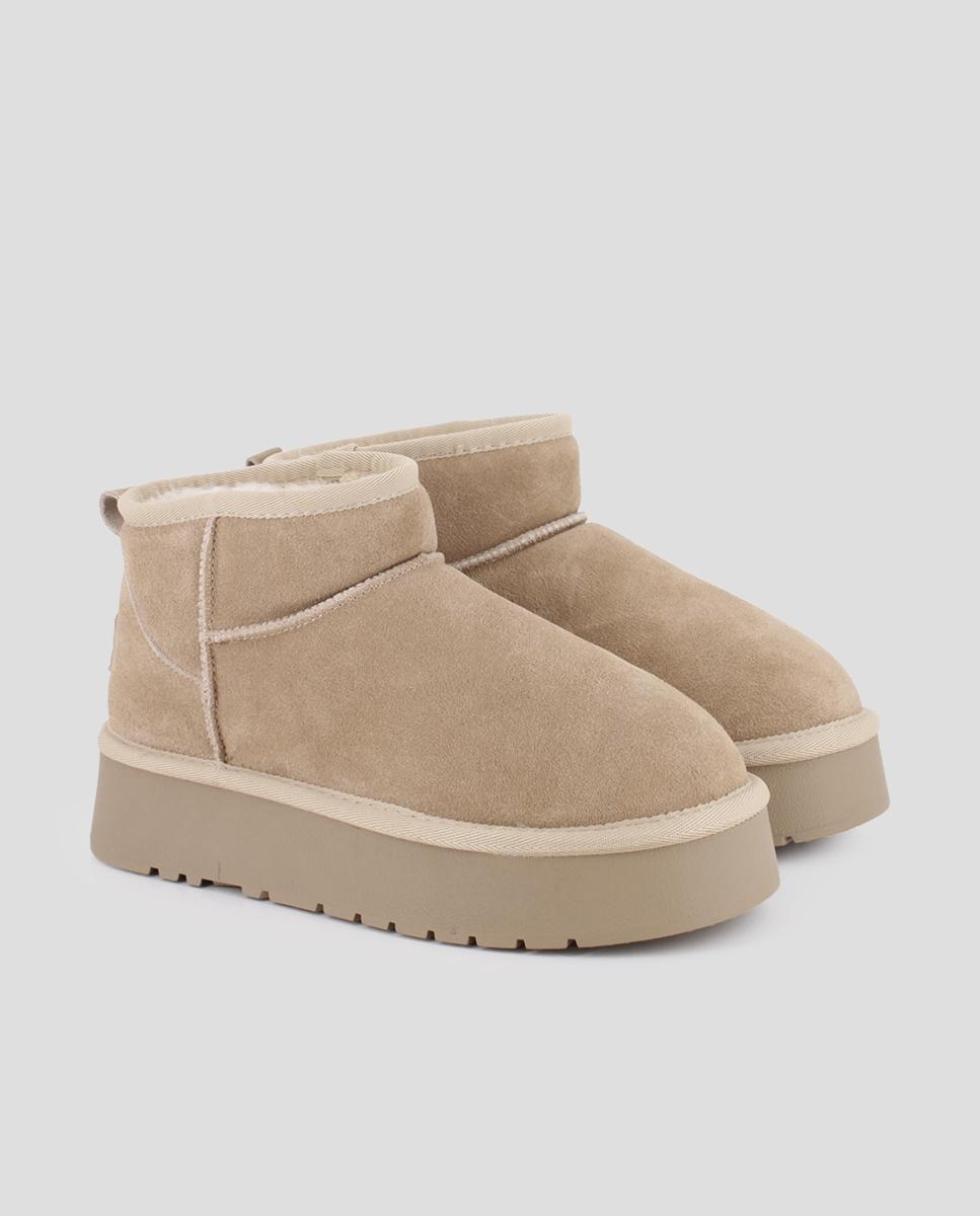 Botins Estilo Australiano com Plataforma em Pele Bege-2