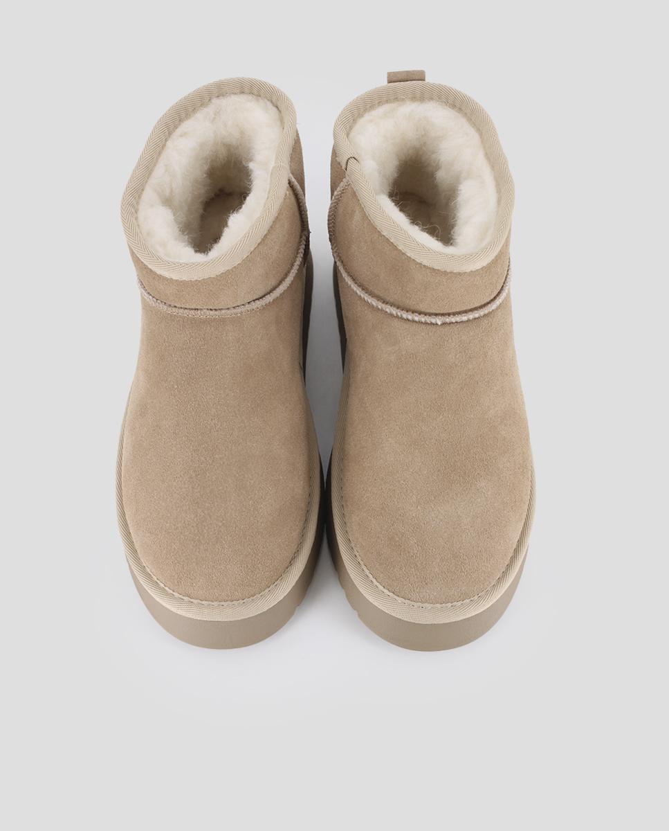 Botins Estilo Australiano com Plataforma em Pele Bege-5