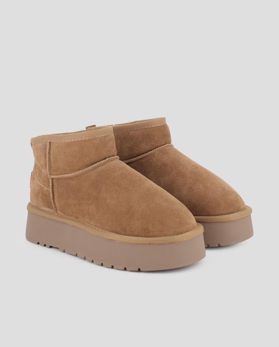 Botins Estilo Australiano com Plataforma em Pele Castanho-2