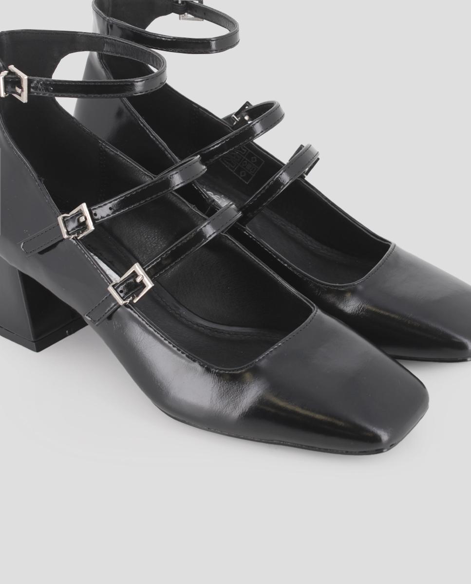 Sapatos de Salto com Tiras na Parte Superior e Fecho com Fivelas Preto-4