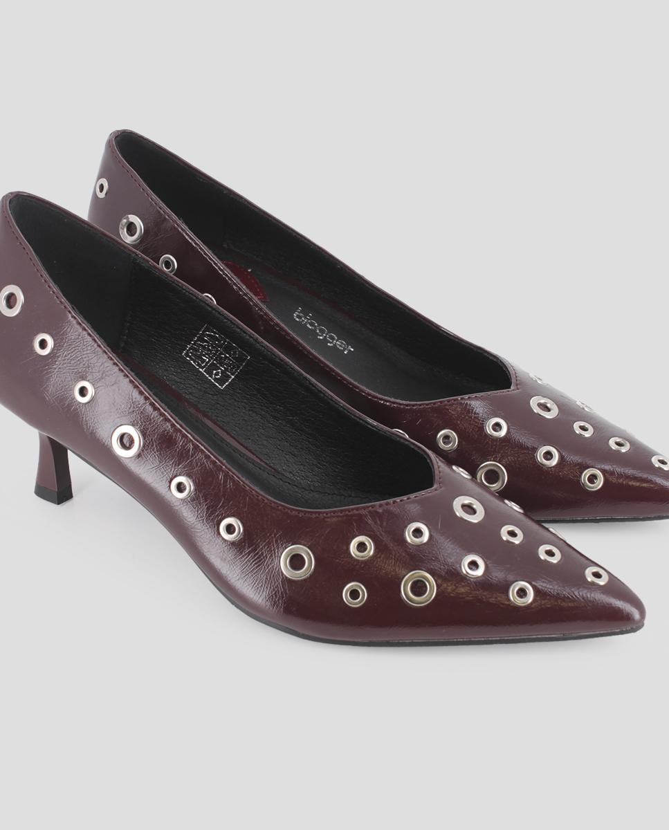Sapatos de Salto Liso com Ilhós Metálicos na Parte Superior Bordeaux-4