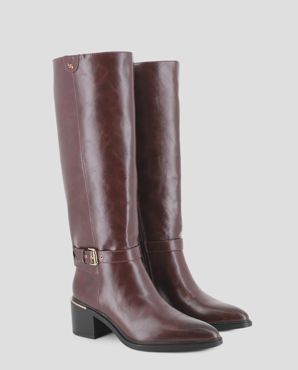 Botas Básicas de Cano Alto e Detalhes Metálicos Castanho-2