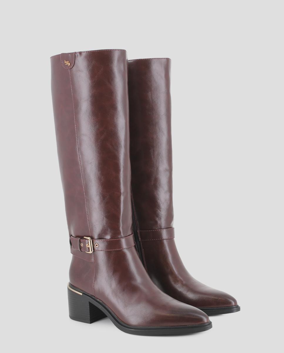 Botas Básicas de Cano Alto e Detalhes Metálicos Castanho-2
