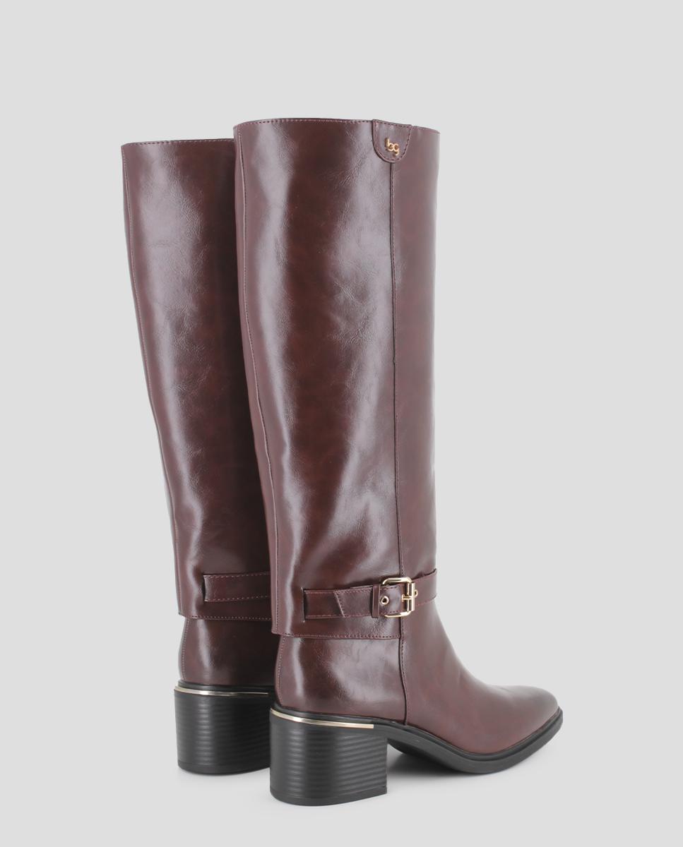 Botas Básicas de Cano Alto e Detalhes Metálicos Castanho-3