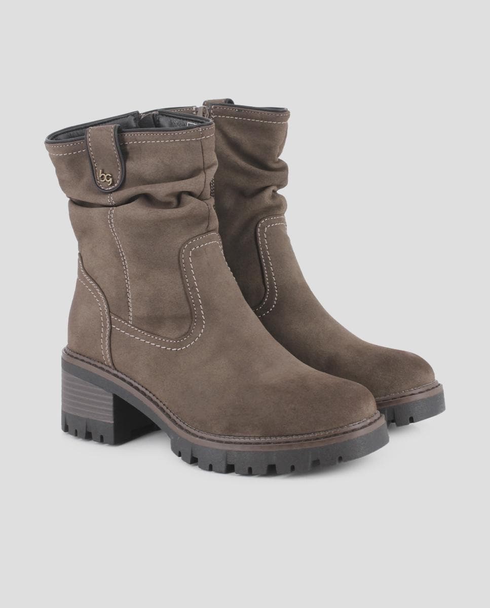 Botins Elásticos com Tacão Largo e Cano Enrugado Castanho-2