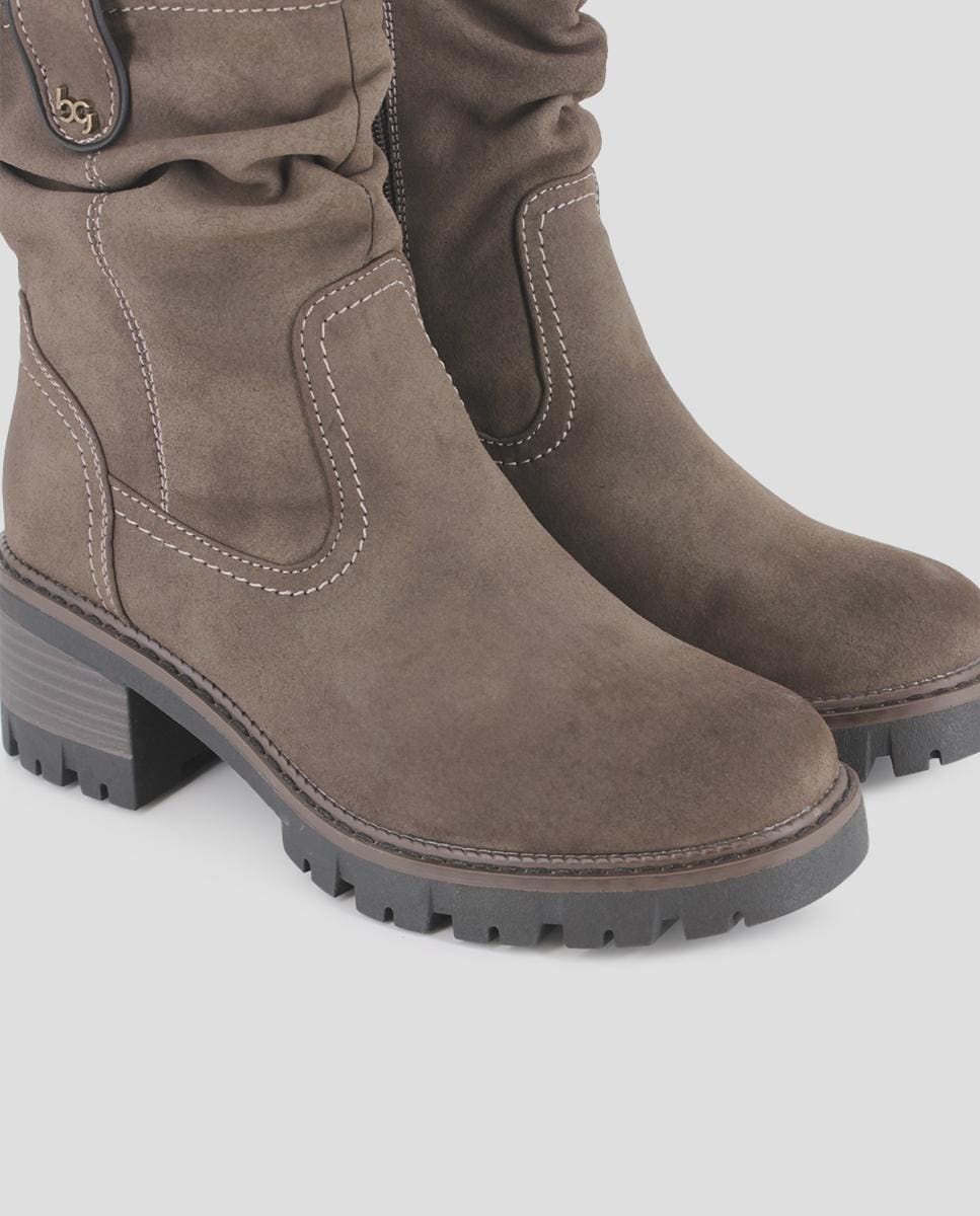 Botins Elásticos com Tacão Largo e Cano Enrugado Castanho-4