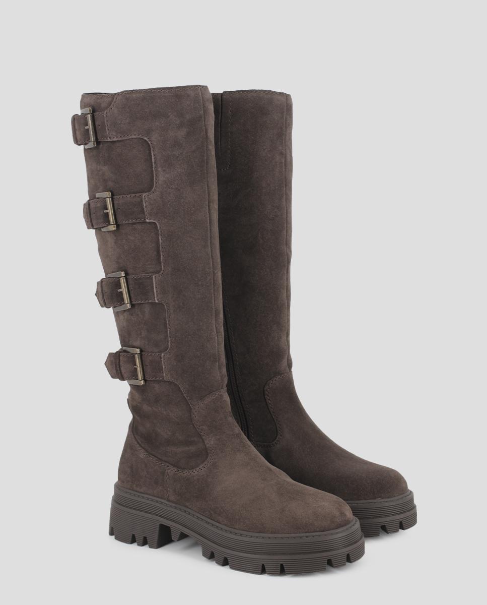 Botas Cano Alto em Pele com Detalhe de Fivelas Castanho-escuro-2